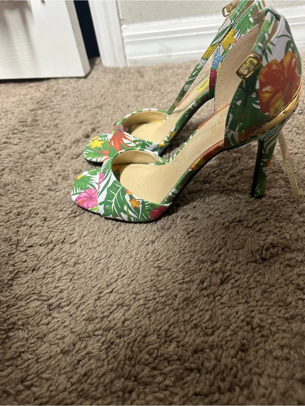 Guess Tropical Floral Open-Toe Heels in Green and Multi